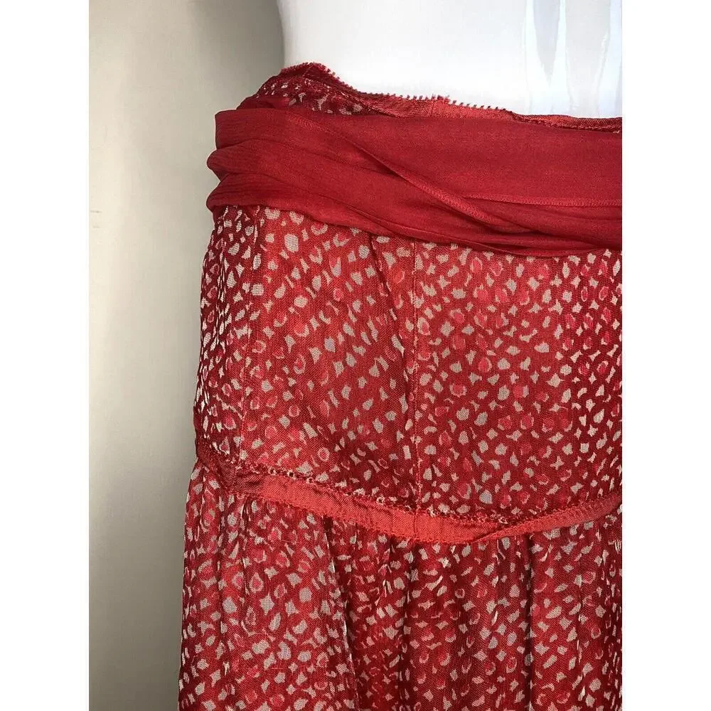 LOUIS VUITTON Below Knee Red Silk Skirt With Belt Rare FR-38